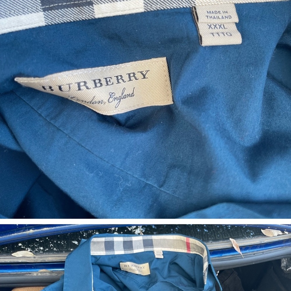 Burberry long sleeve button down teal color with Burberry print in collar…
